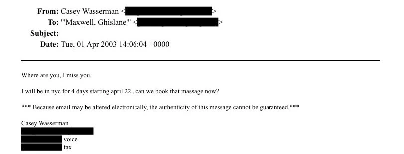 To email με αποστολέα τον Κέισι Βάσερμαν και αποδέκτη την συνεργάτιδα του Έπσταϊν, Γκίσλεϊν Μάξγουελ / Πηγή: justice.gov