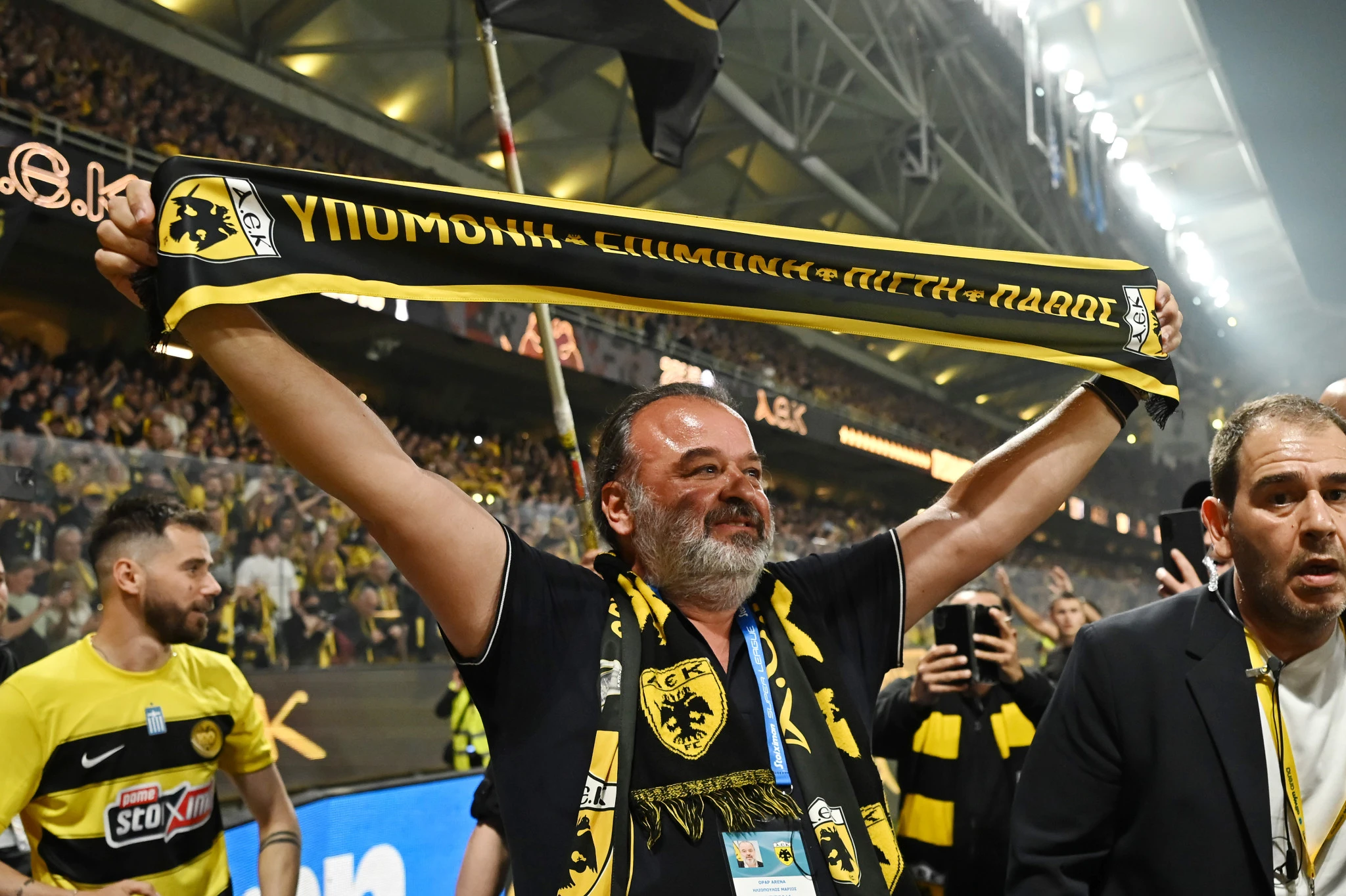 Ο Μάριος Ηλιόπουλος στην Allwyn Arena μετά το τέλος του ντέρμπι της ΑΕΚ με τον Παναθηναϊκό / Πηγή: Eurokinissi