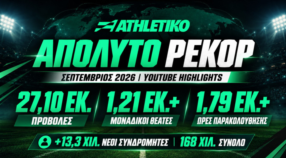 Απόλυτο ρεκόρ για το Athletiko με 27,1 εκατομμύρια προβολές τον Σεπτέμβριο!